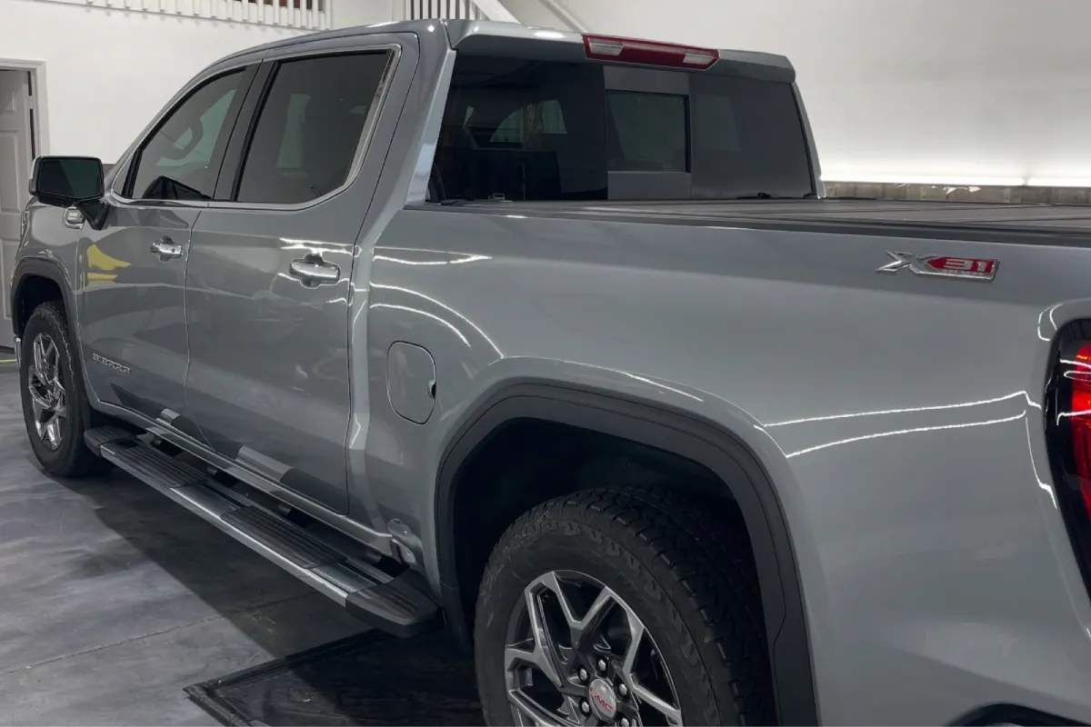 Side view of GMC Sierra with fresh ceramic coating finish.